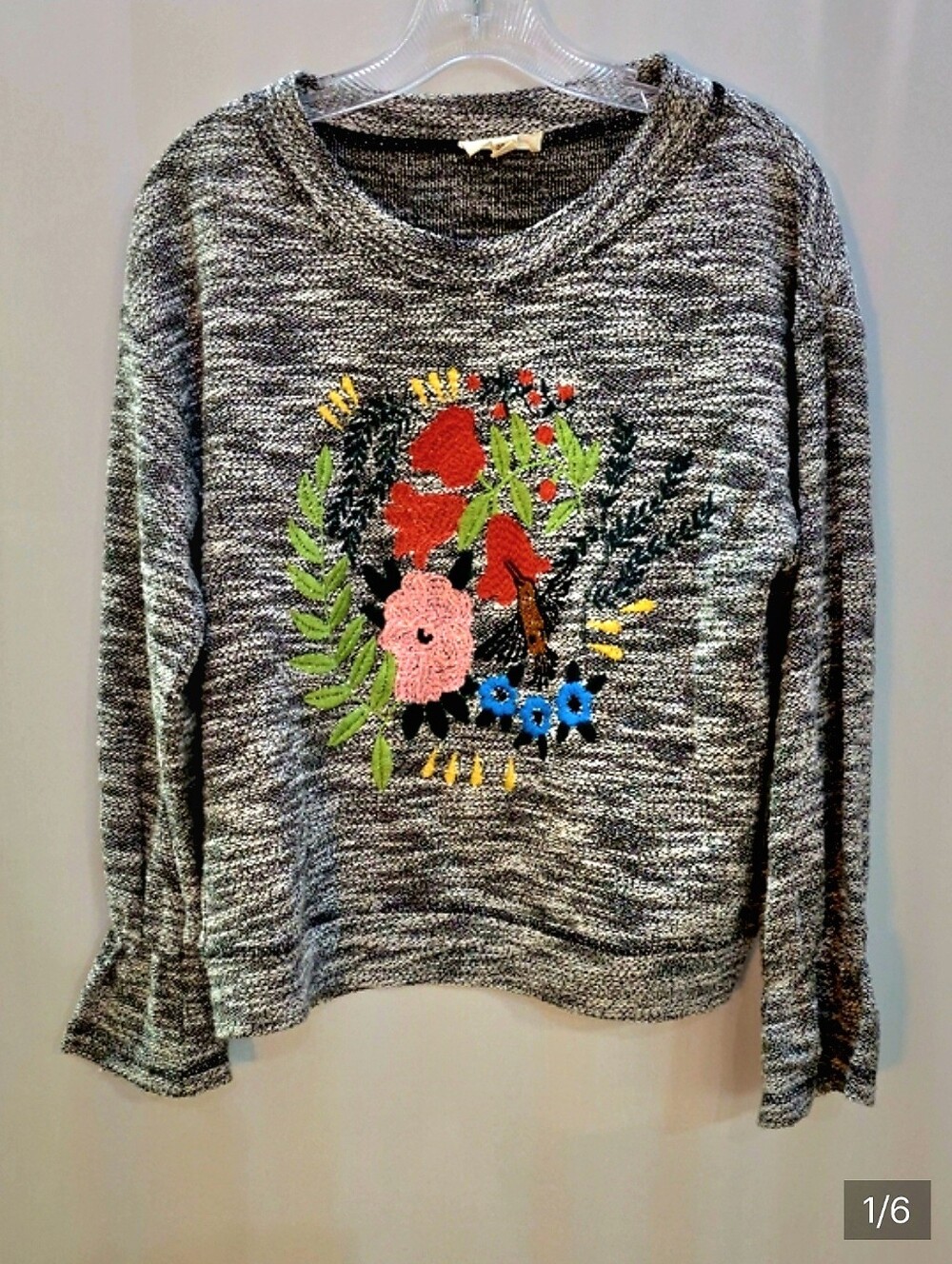 The Korner Gray Marled Sweater Hummingbird Floral Embroidered Grandmacore Sz M